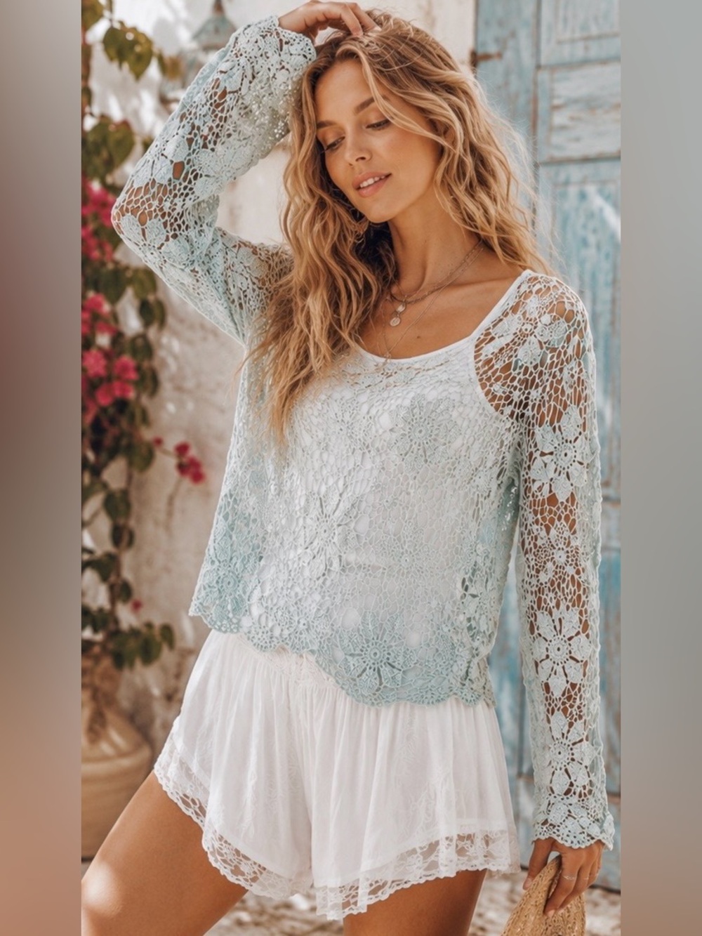 Chadwicks Mint Ombre Crochet Floral Top | Boho Beachwear Cottagecore | M